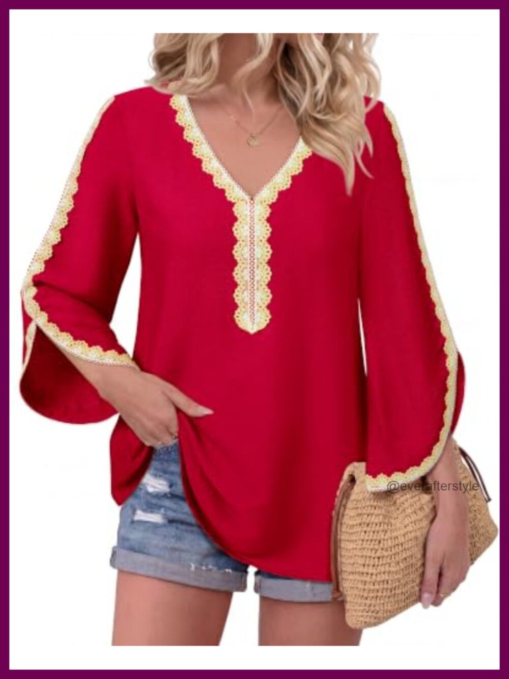 Boho Peasant Blouse Lace Sequins Flutter Sleeve Vacation Top